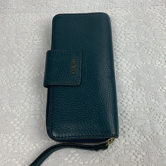Fossil Leather Wallet Dark teal green gold zip around Pockets Cards cash coins - Picture 11 of 12
